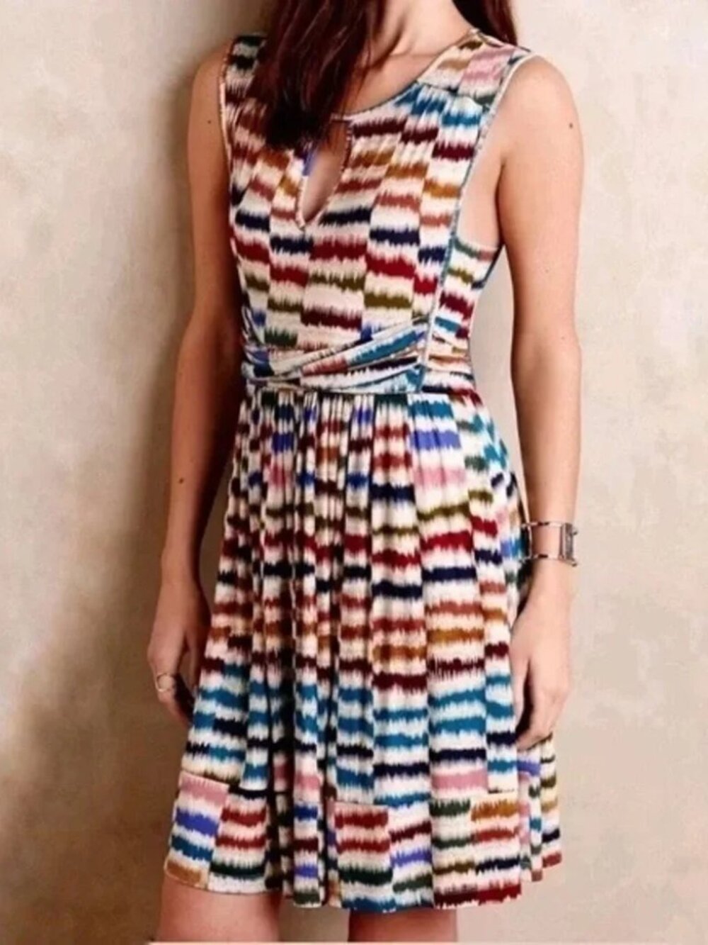 Maeve Anthropologie Sennebec Fit Flare Multicolor Dress Medium Ikat Patterned